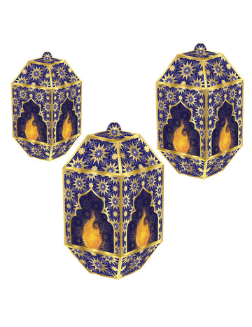 3 modro-zlaté papierové lampióny na sviatok Eid Mubarak (20, 24 a 28) cm zavesiť
