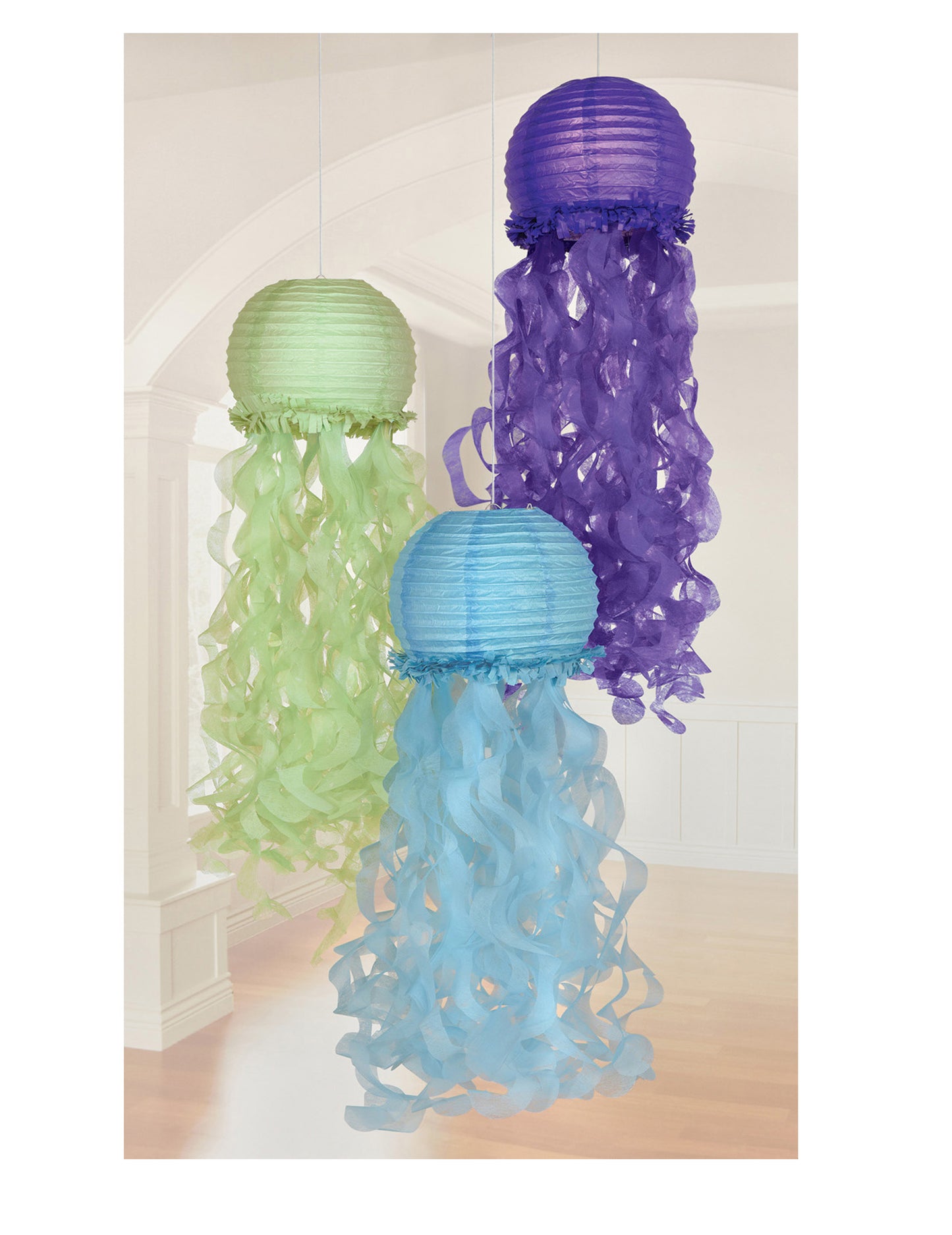 3 papierové lampióny, medúza, sny morskej panny, 24 cm modrá fialová zelená