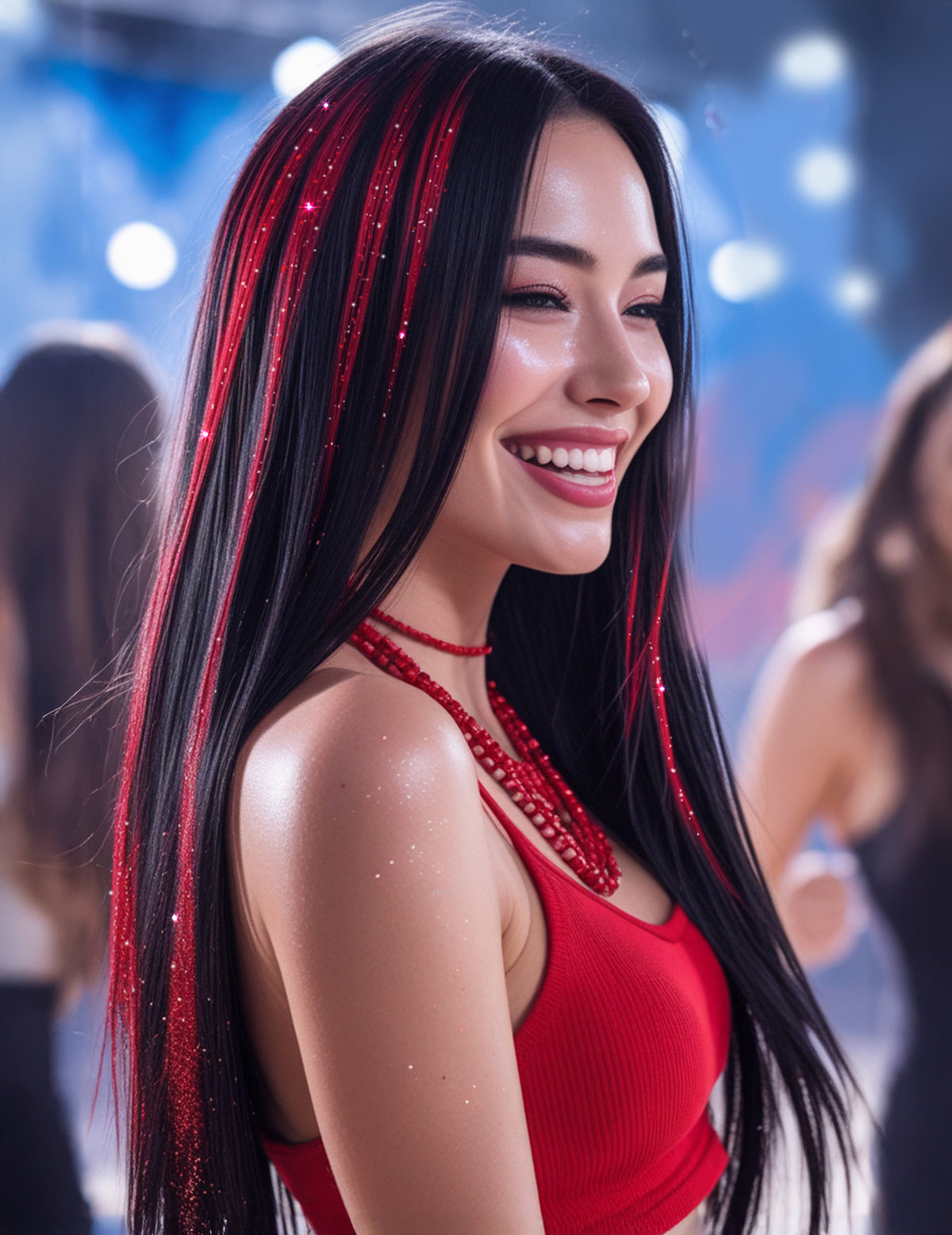 Vue de profil des mèches brillantes pour femme rouges à paillettes