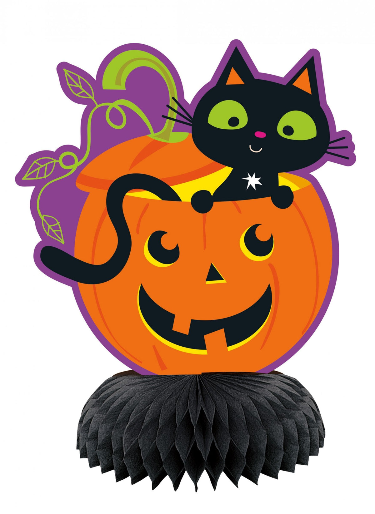 Mini centre de table en papier alvéolé chat et citrouille pour décoration d'Halloween orange et noir