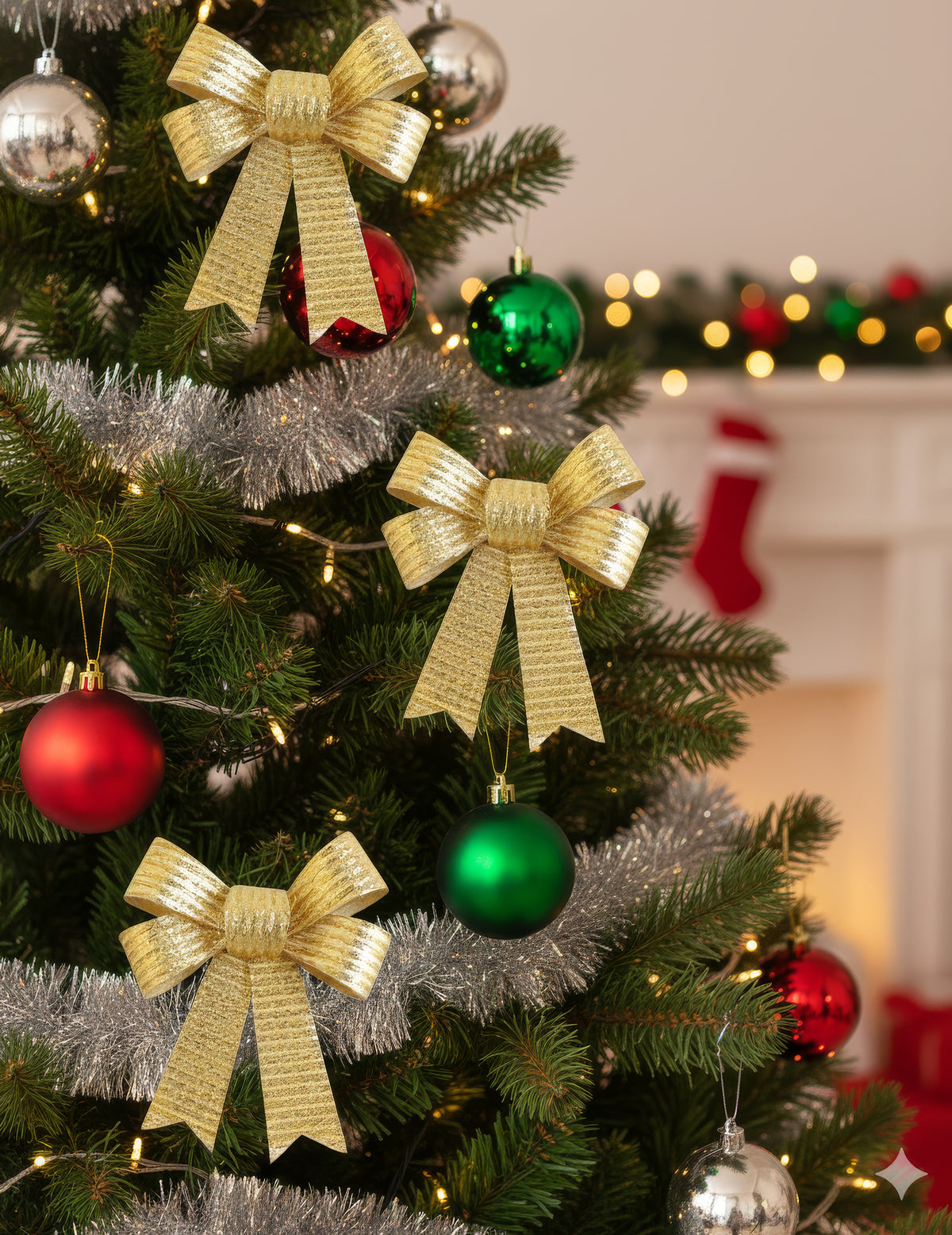 Mise en situation sur un sapin de Noël des 3 Nœuds dorés brillants pour décoration