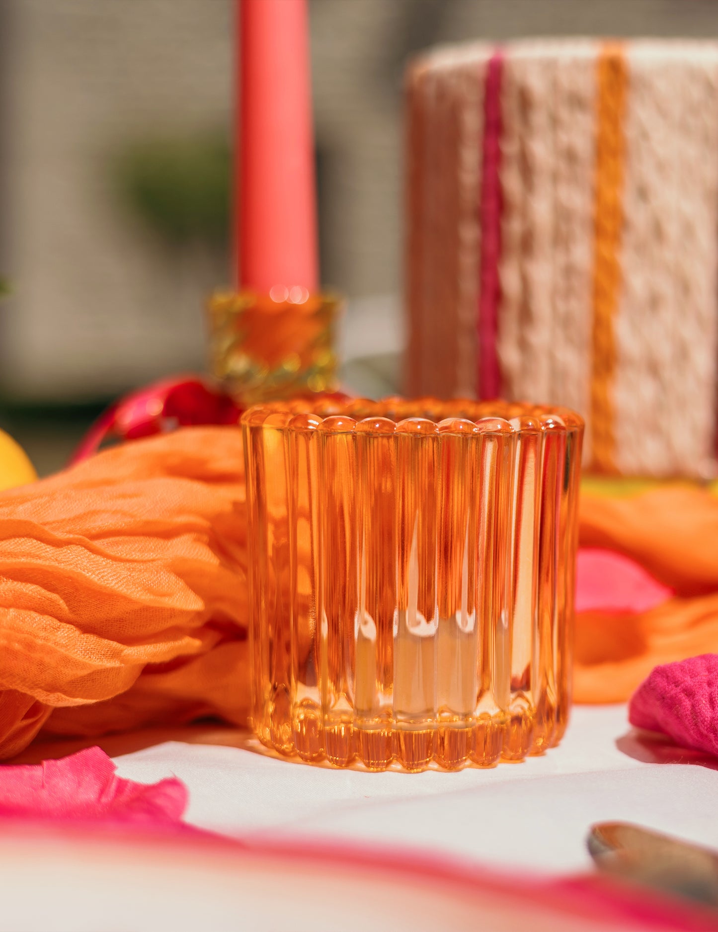 3 Photophores en verre rose, orange et jaune 7.5 cm