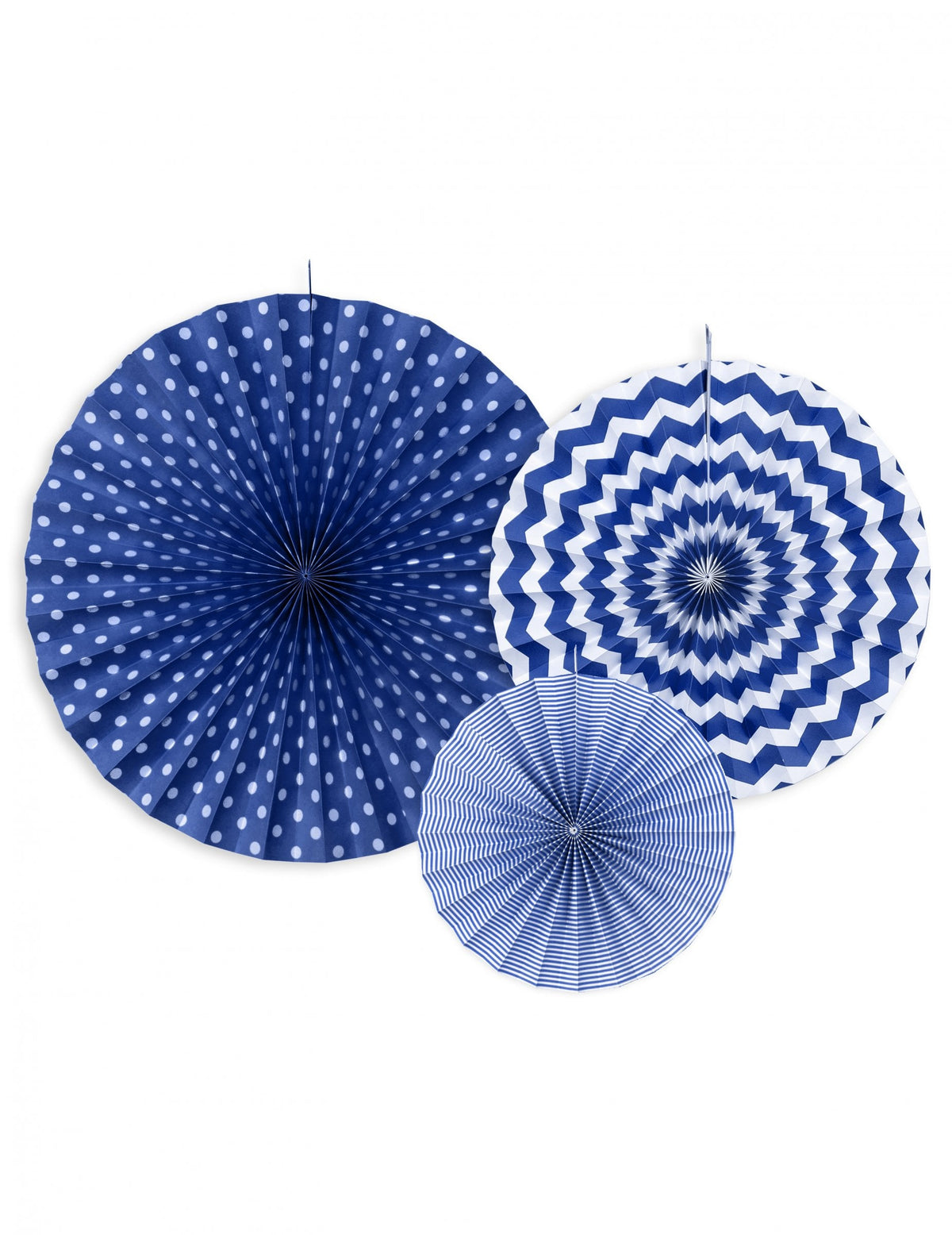 3 rosaces en papier bleu marine à motifs pour décoration bleu marine à pois et rayures