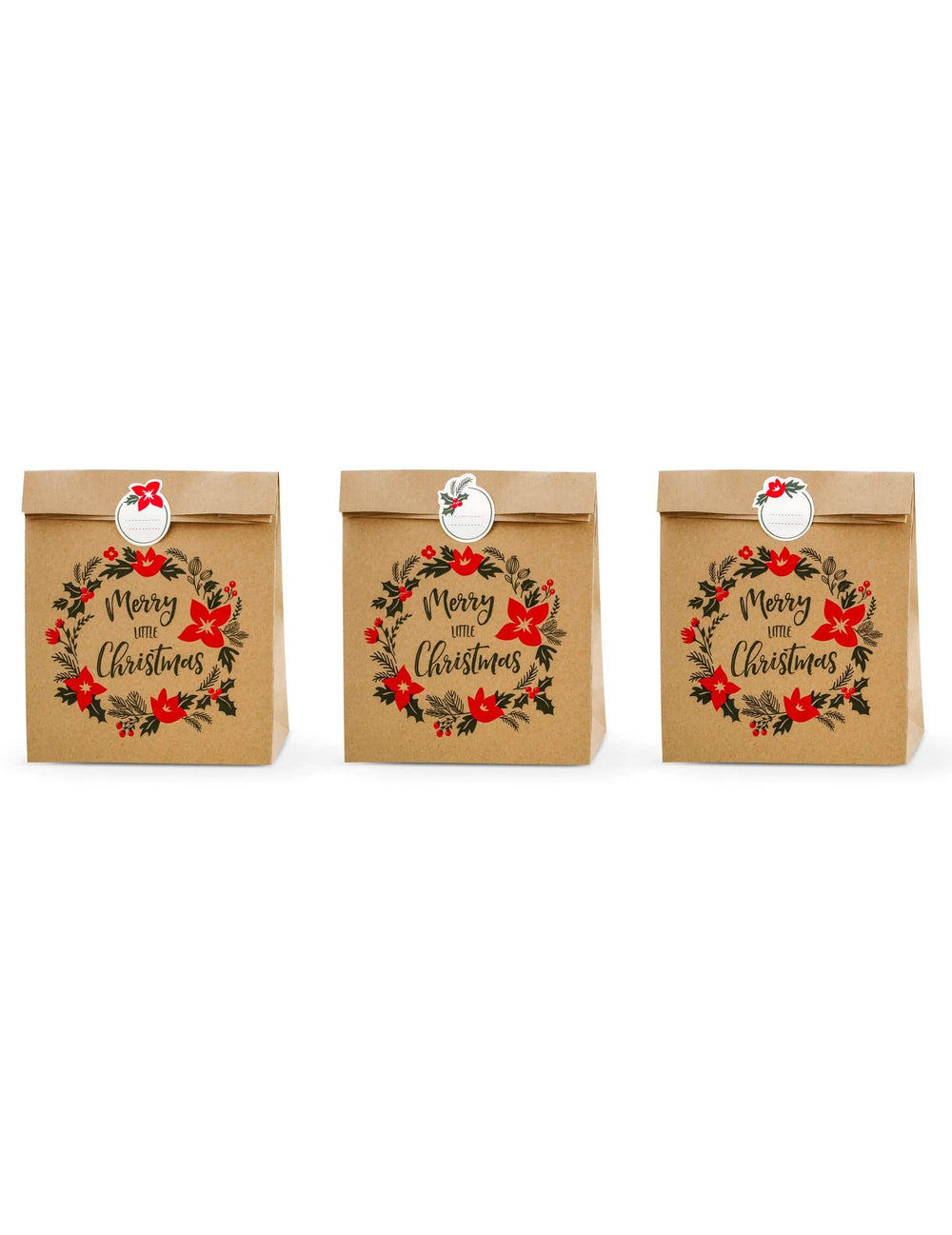 darčekové tašky Merry little christmas na vianoce z hnedého kraftu so samolepkami