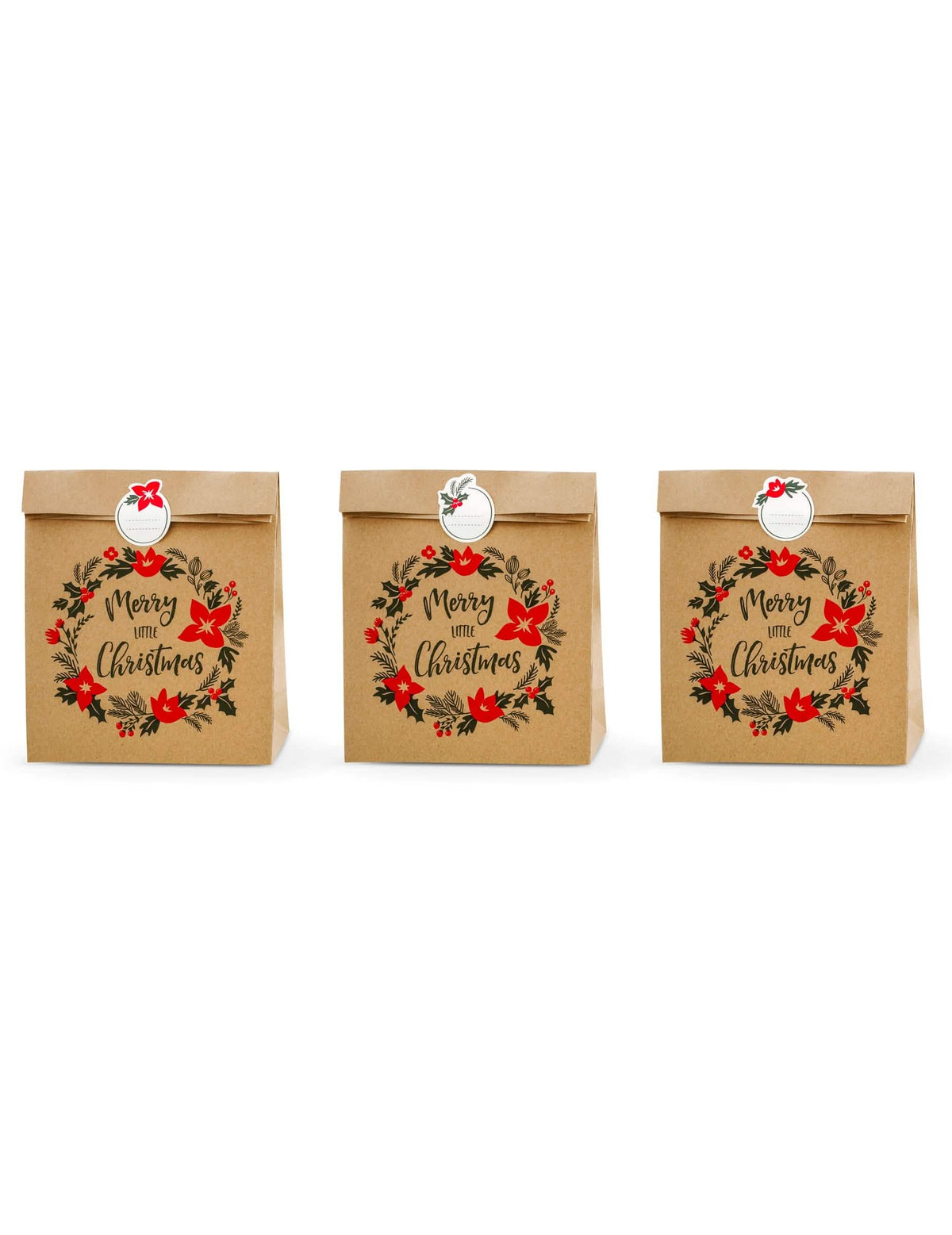 darčekové tašky Merry little christmas na vianoce z hnedého kraftu so samolepkami
