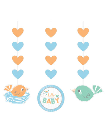 3 modré papierové mobily Hello Baby 91 cm na detskú oslavu
