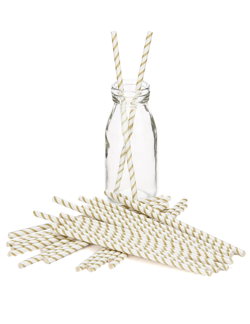 Mise en situation dans une bouteille des pailles rayées en carton pour fête or