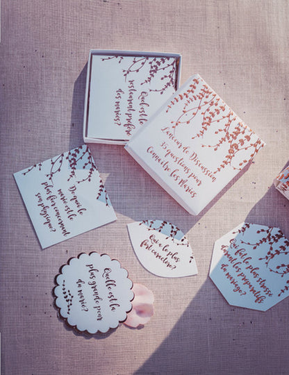 Détail des questions et des formes du 35 cartes lanceur de discussion végétal pour animation mariage rose gold