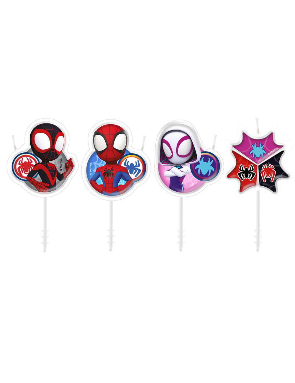 4 bougies anniversaire Spidey et ses amis pour enfant multicolores avec Spidey, Miles Morales et Ghost-Spider