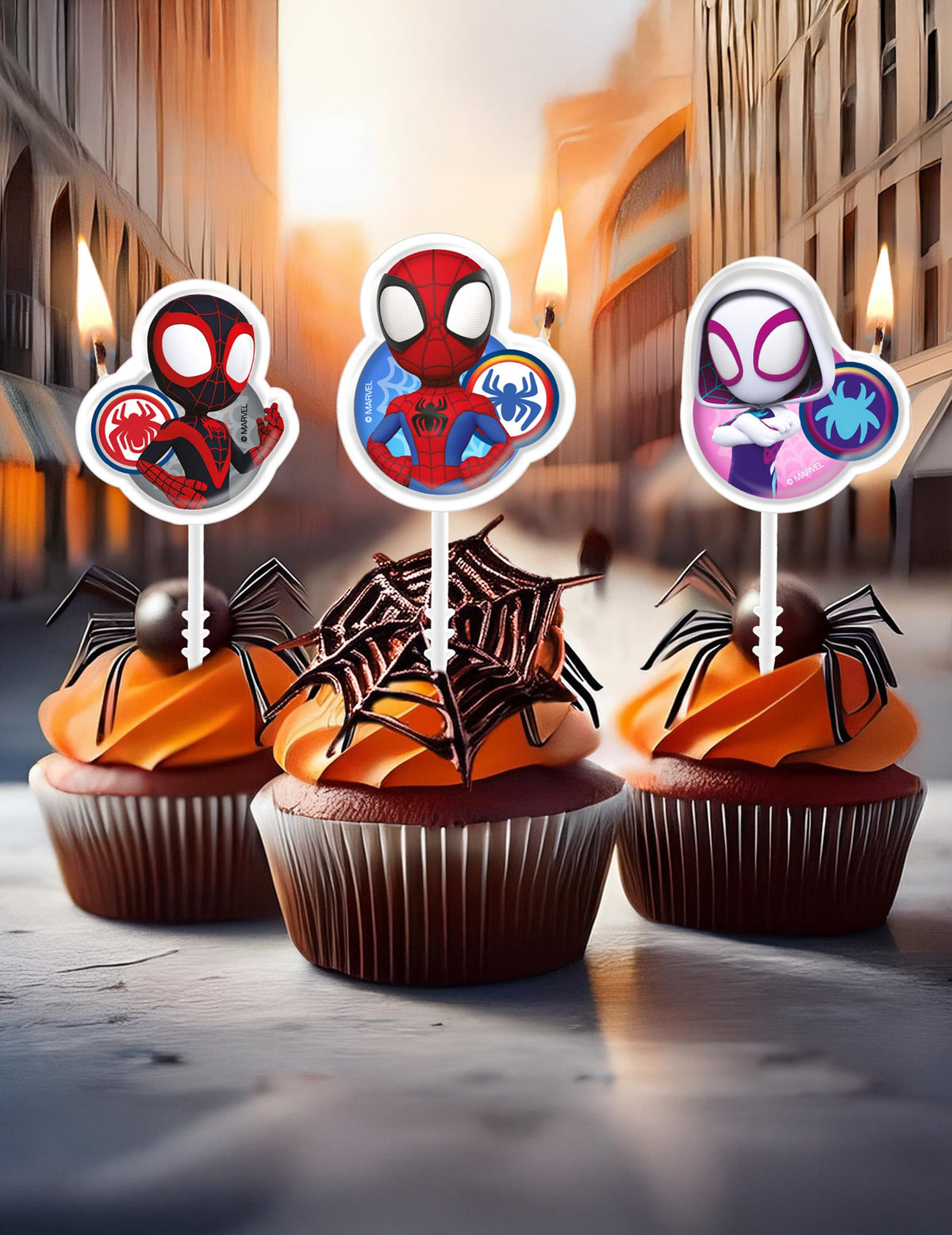 Mise en situation sur des cupcakes des 4 bougies anniversaire Spidey et ses amis