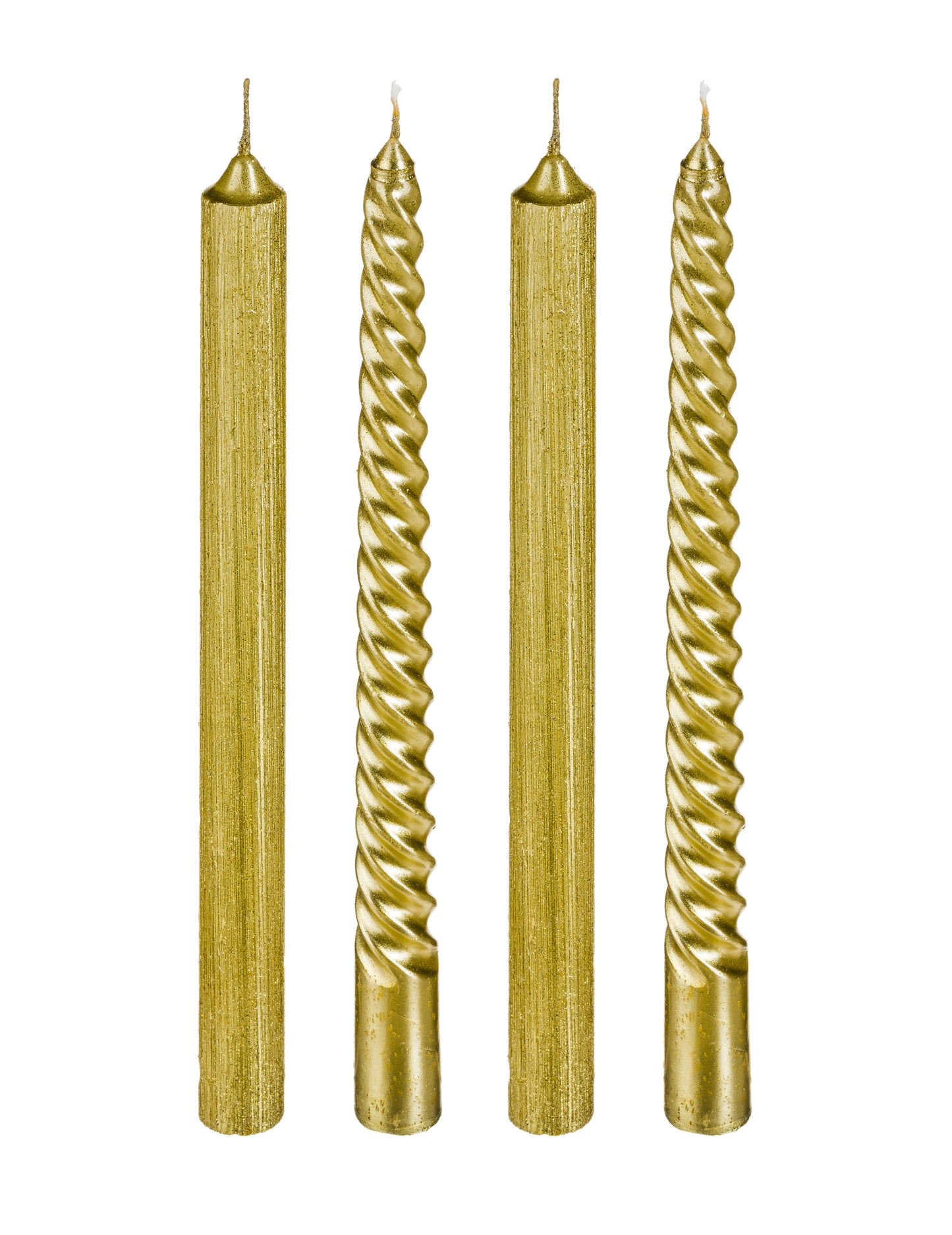 4 zlaté a trblietavé sviečky 25 cm skrútený