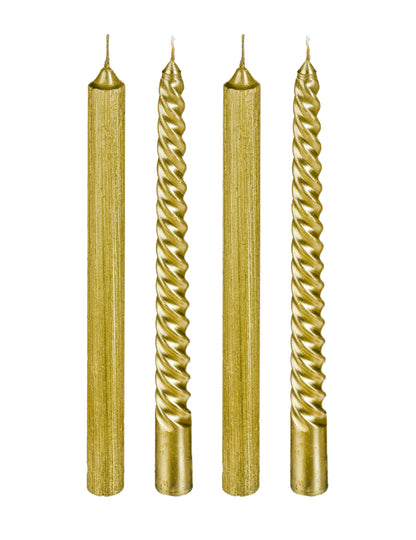 4 zlaté a trblietavé sviečky 25 cm skrútený