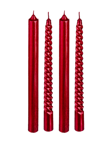 4 červené sviečky so zlatými trblietkami 25 cm