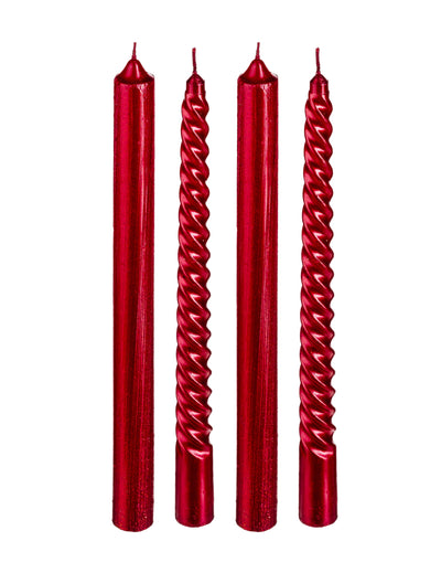 4 bougies chandelles rouges à paillettes dorées pour décoration de table lisses et torsadées