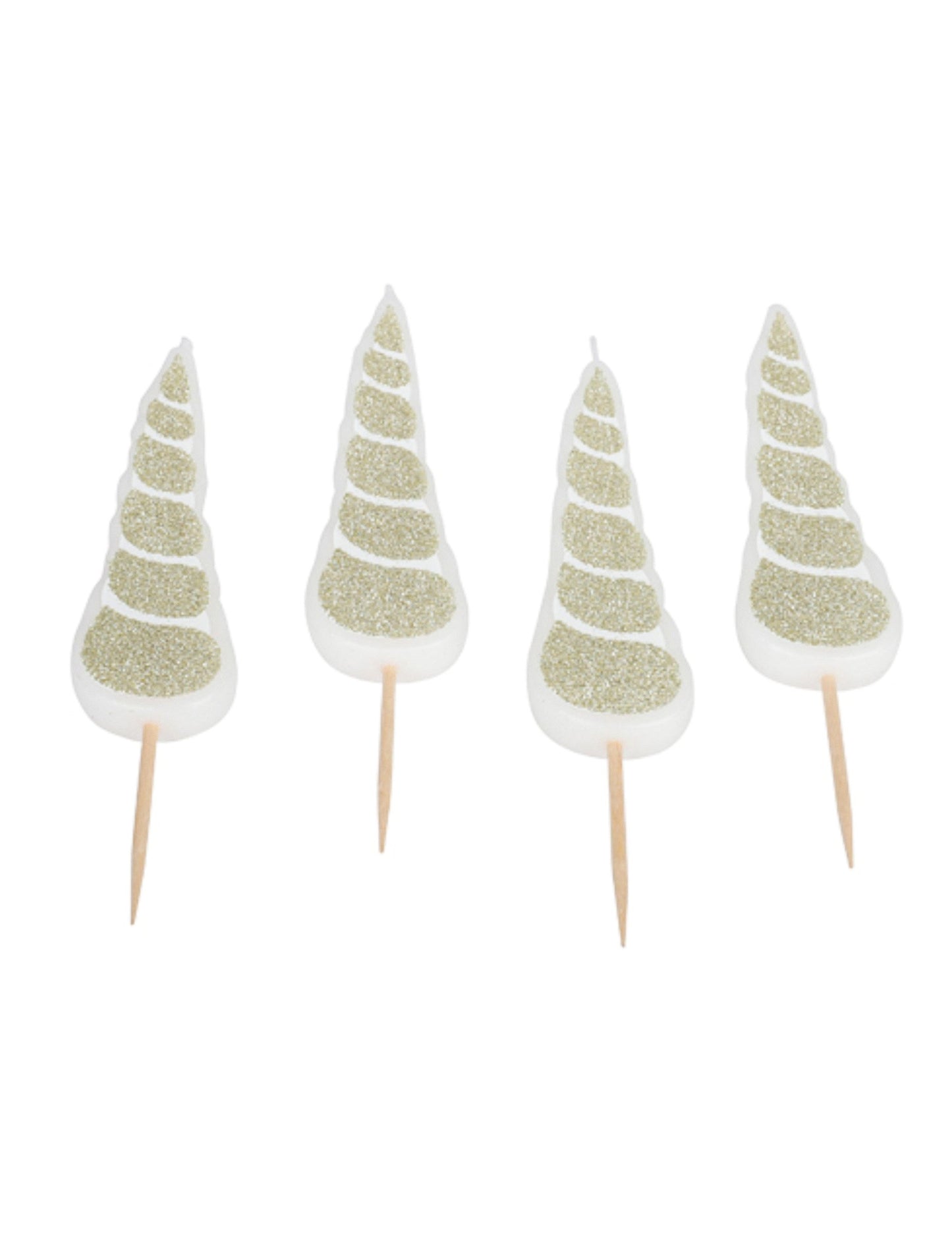 4 sviečky z jednorožcového rohu 10 cm trblietky šampanského