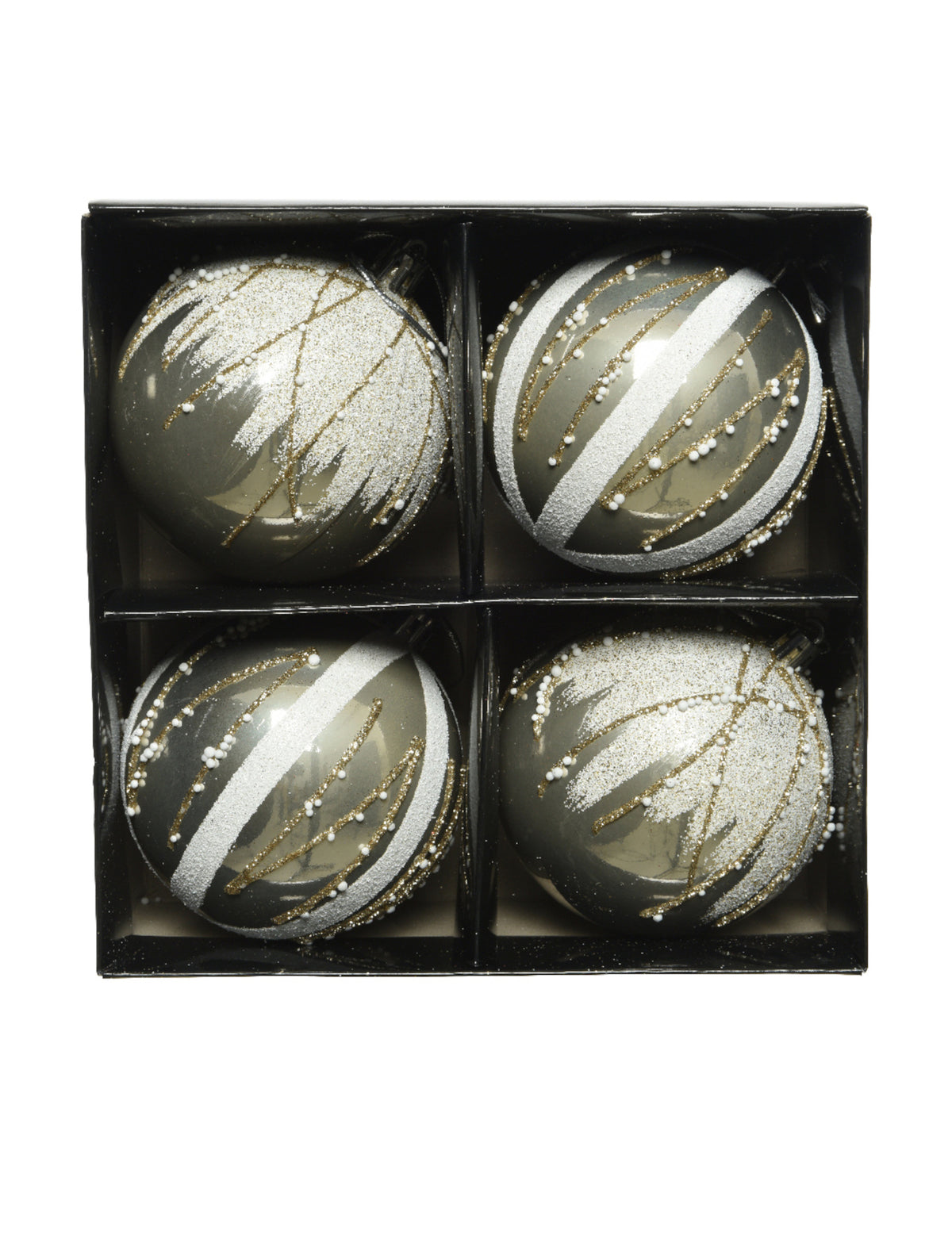 Vue du coffret de 4 unités du Boules de Noël chic et perles