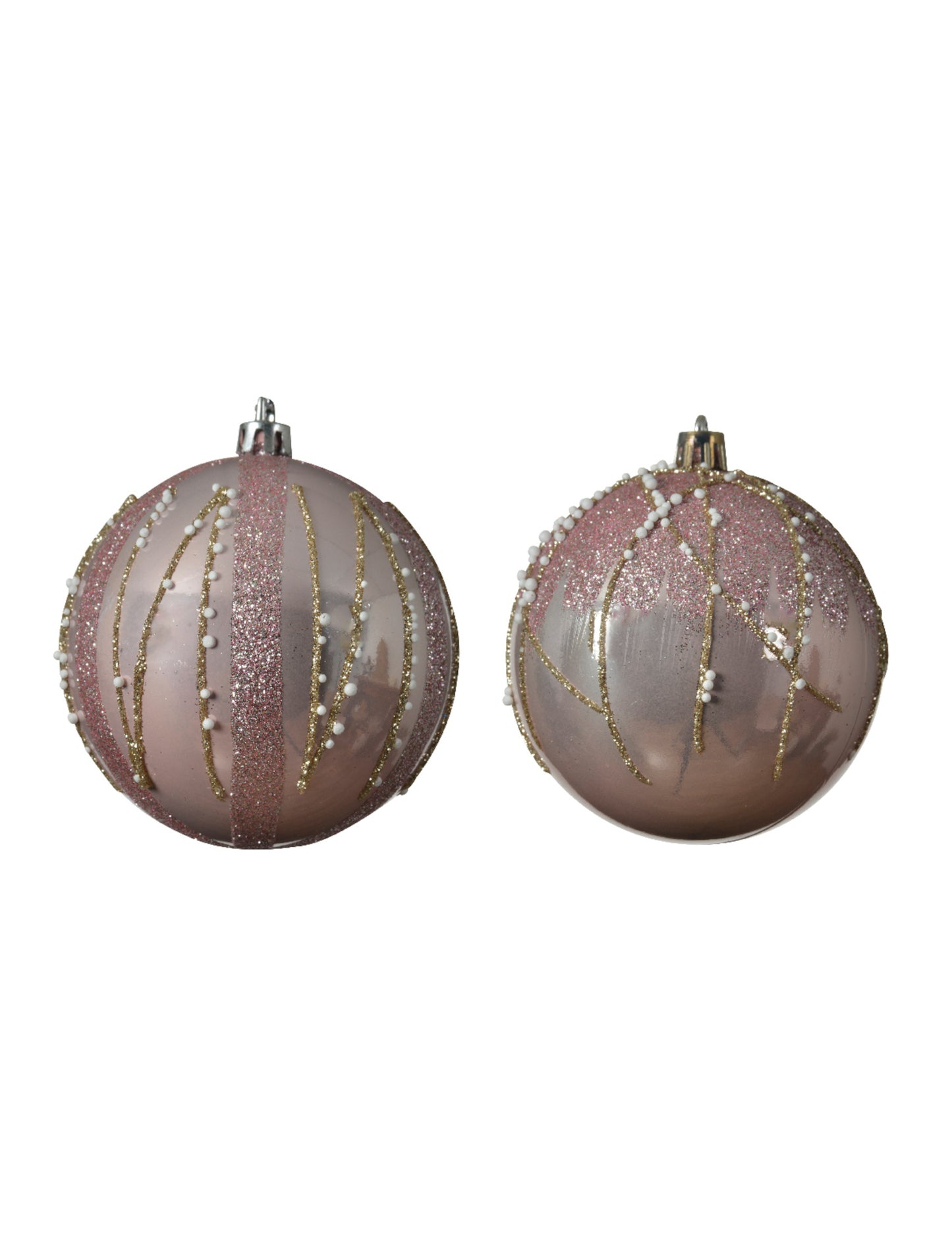 4 ružovo-zlaté trblietavé vianočné gule 8 cm s perlami
