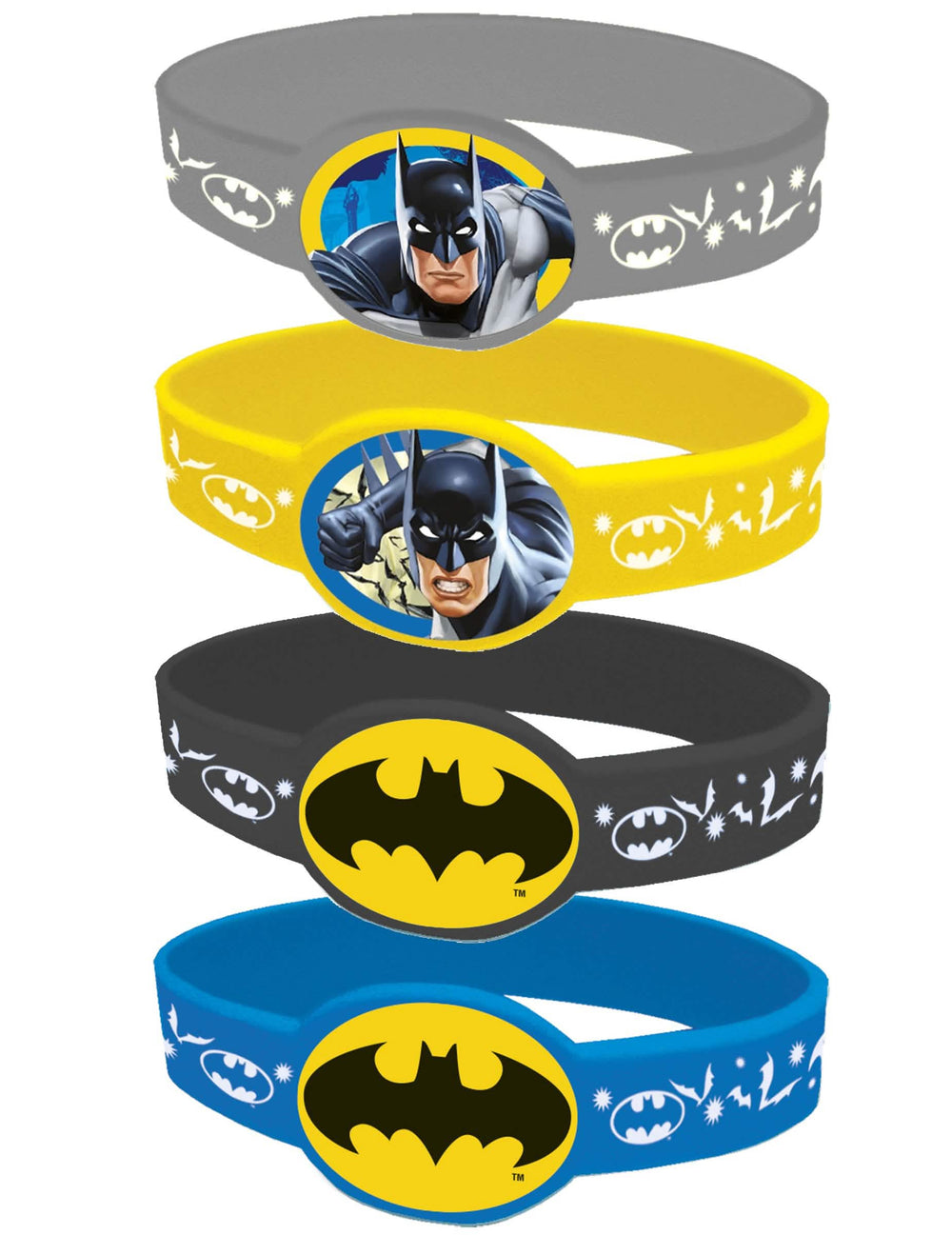 4 elastické náramky Batman pre dieťa sivá žltá čierna a modrá s motívmi