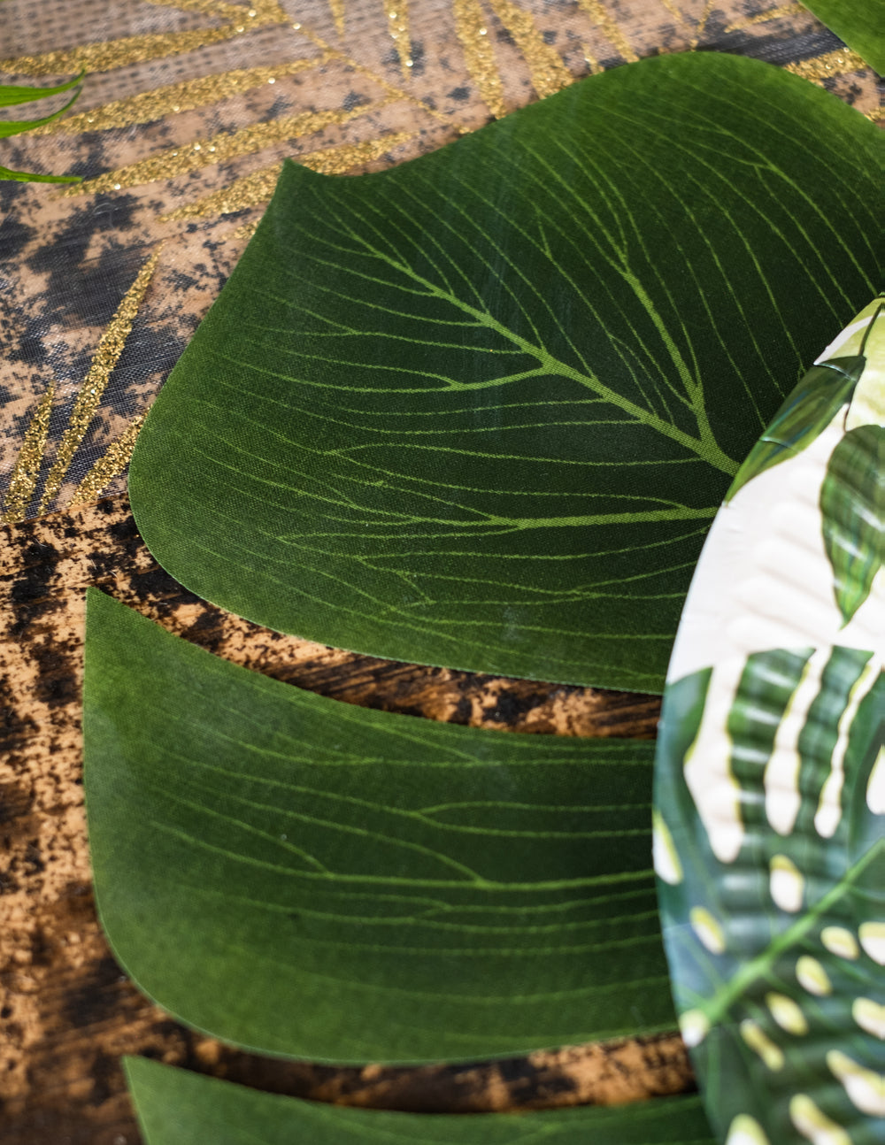 Détail de la texture nervurée du lot de 4 feuilles de Monstera pour décoration de fête