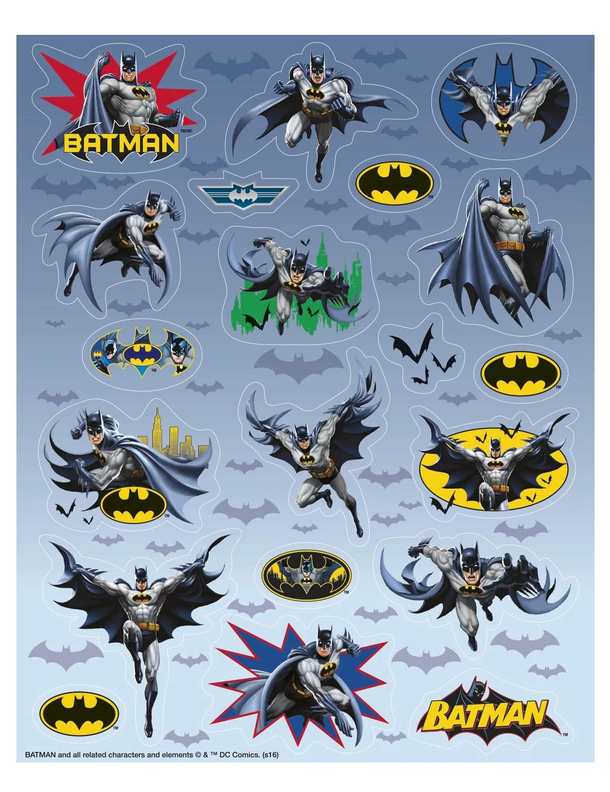4 hárky nálepiek Batman pre dieťa modré a sivá s žltými logami