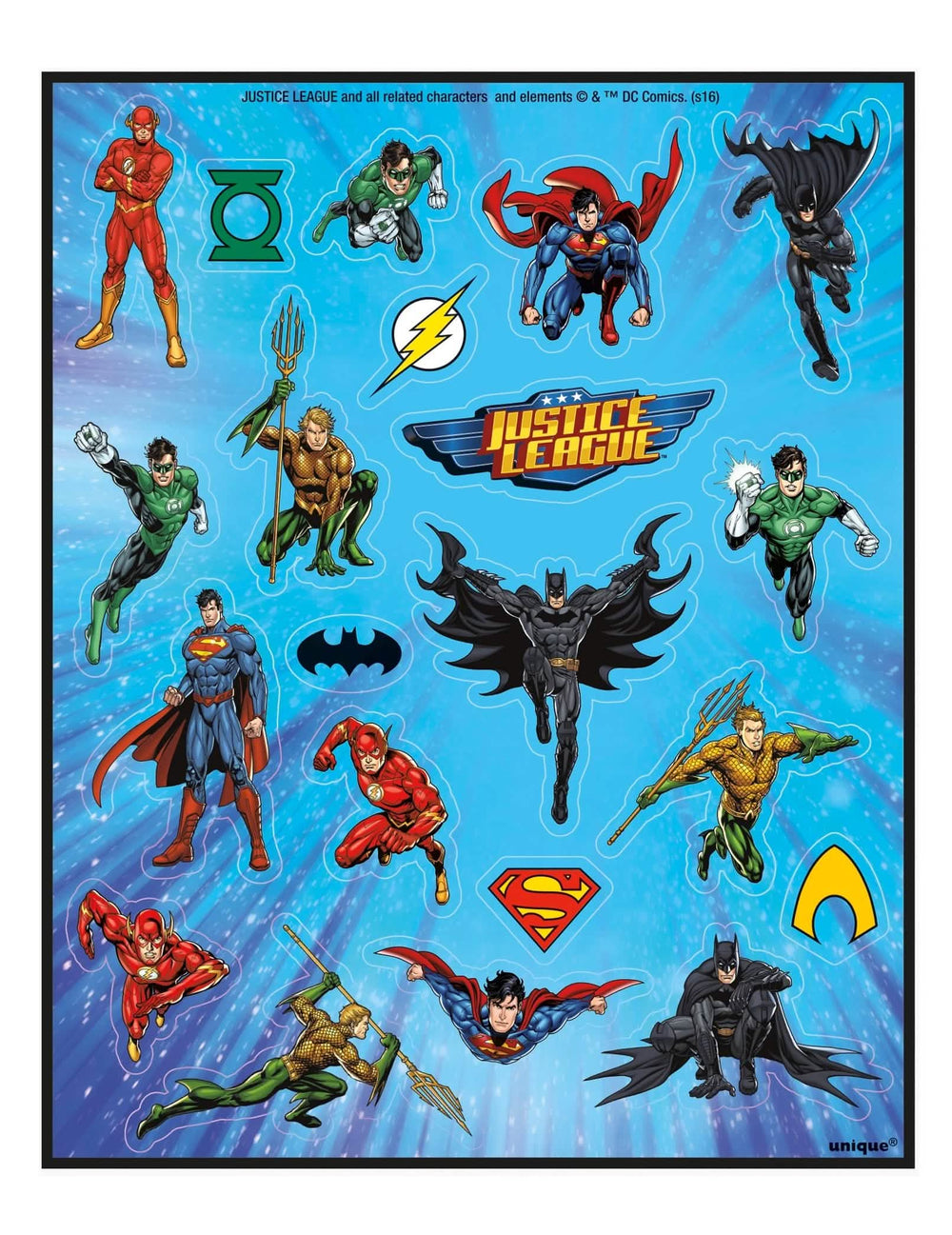 Multikolorové hárky nálepiek Justice League so Supermanom, Batmanom a Flashom