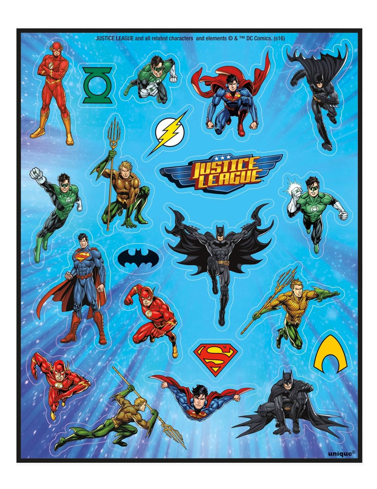 Multikolorové hárky nálepiek Justice League so Supermanom, Batmanom a Flashom