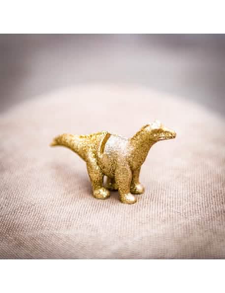 Detail na zlaté trblietky z živicového držiaka na menovku dinosaurus