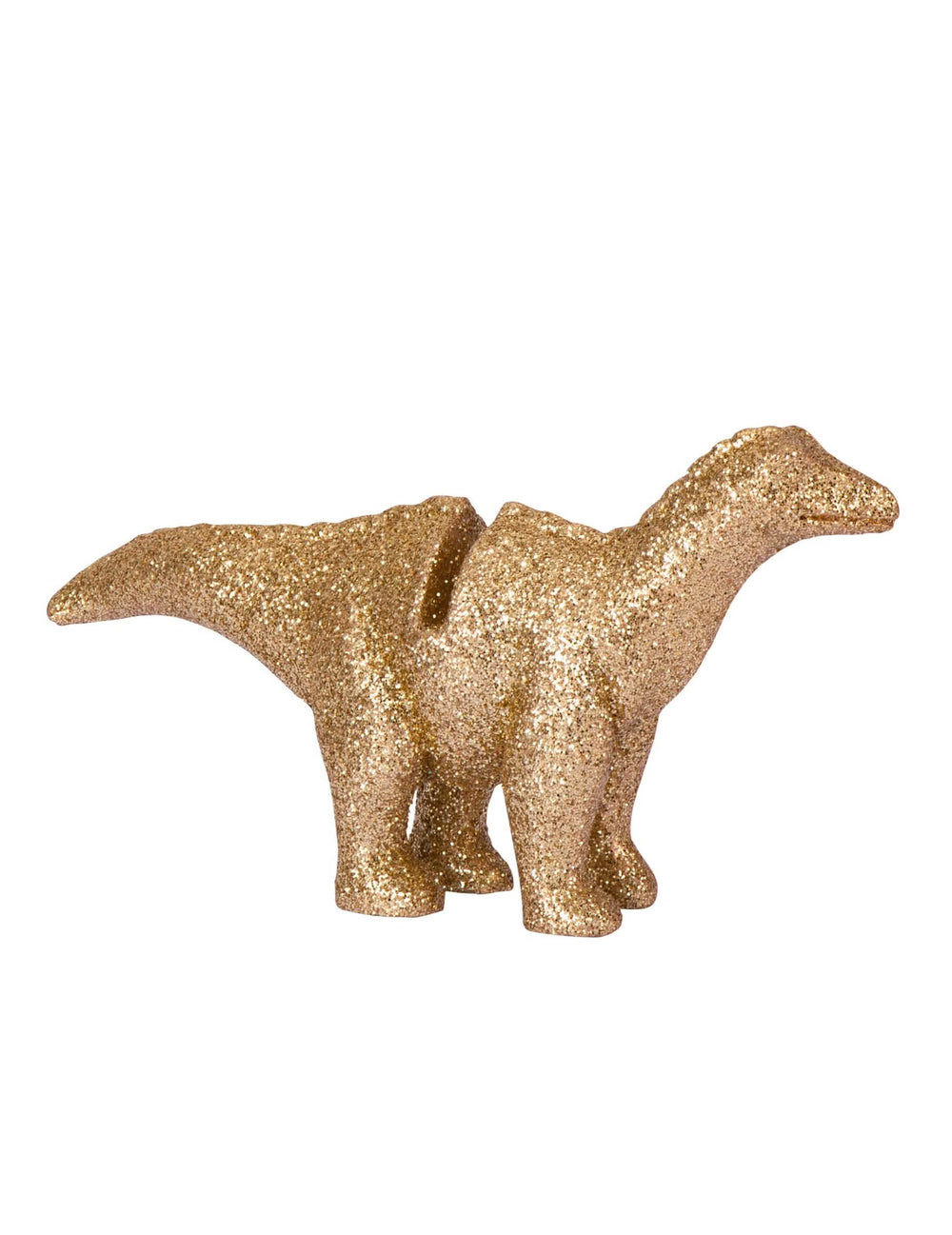Detail na zlaté trblietky z živicového držiaka na menovku dinosaurus