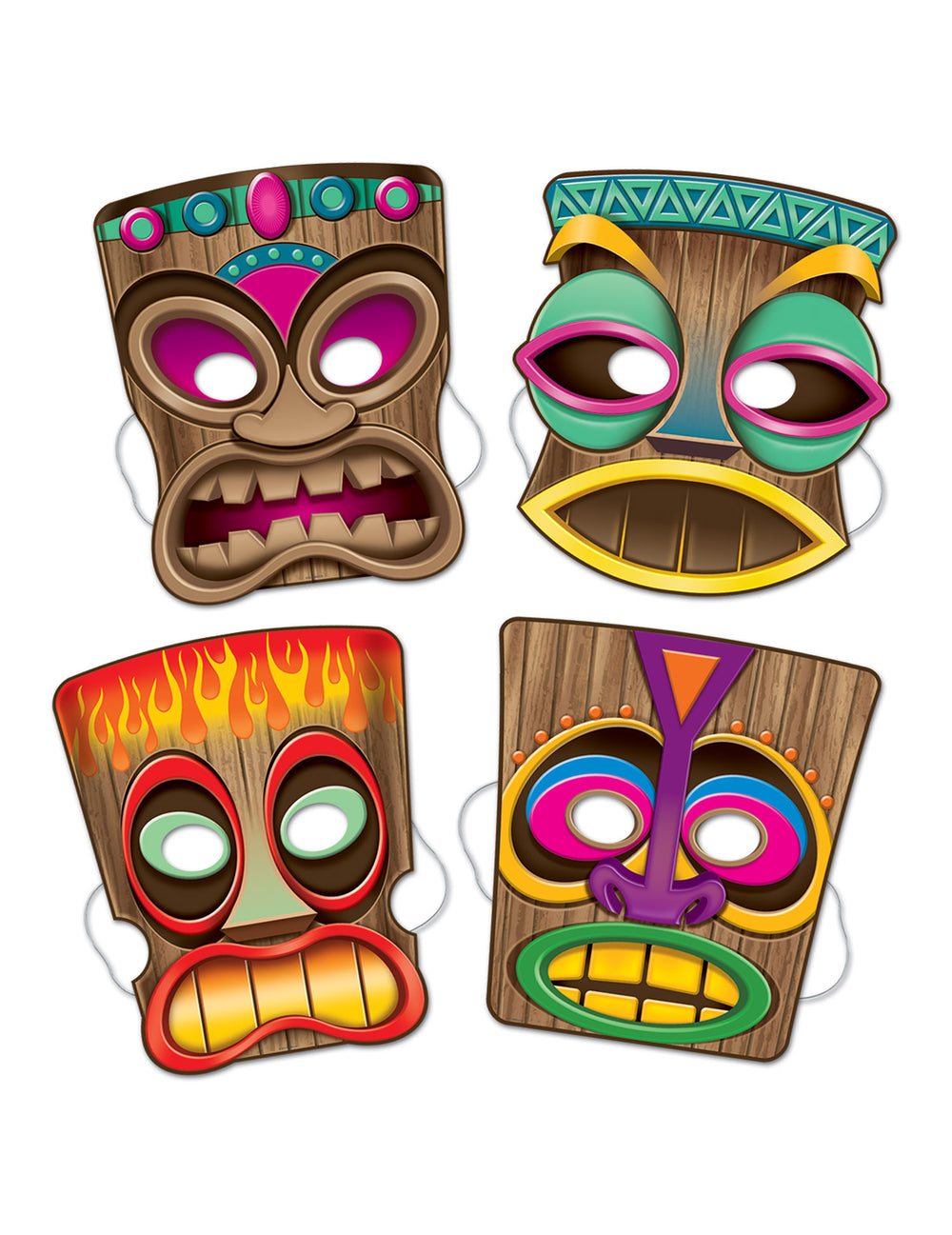 Lot de 4 masques Tiki pour enfant et adulte multicolores effet bois