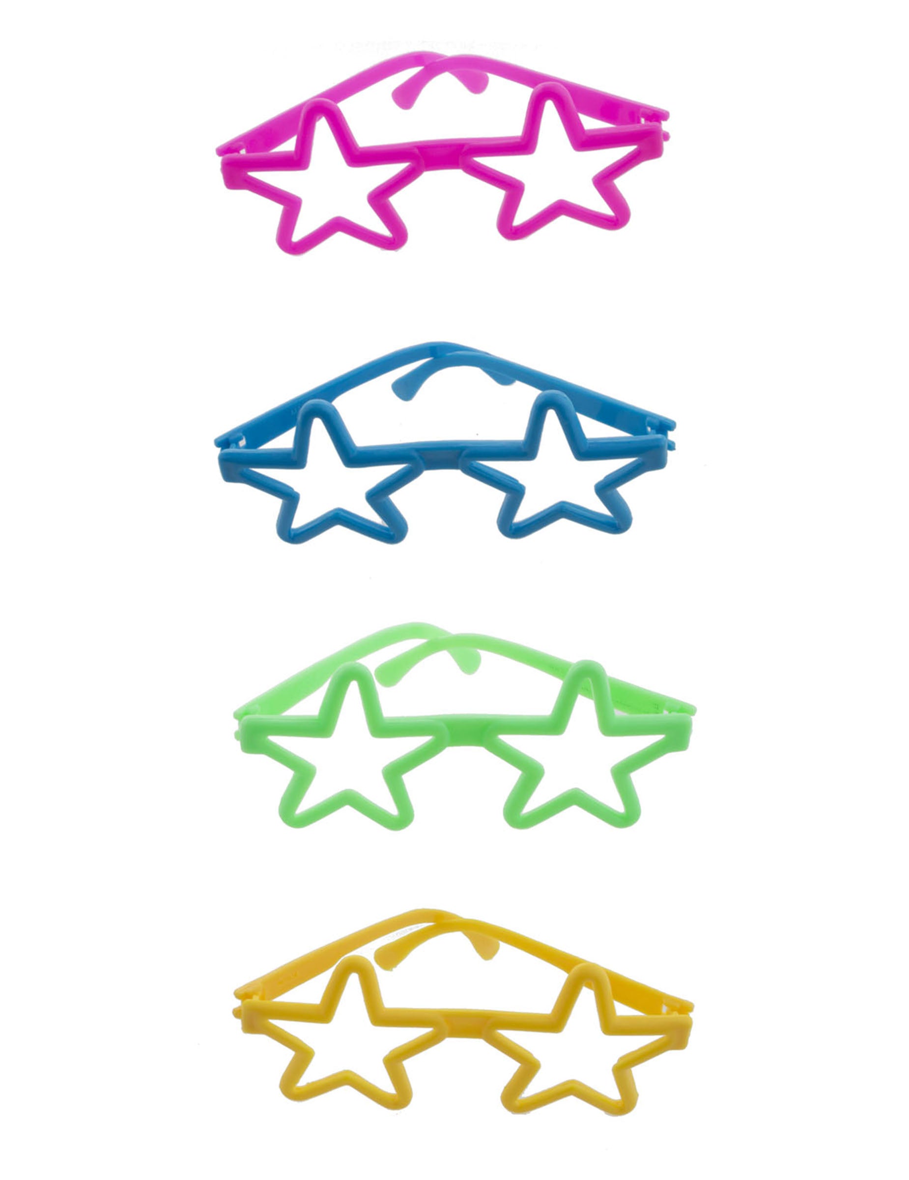 4 mini paires de lunettes colorées en forme d'étoile rose bleu vert et jaune