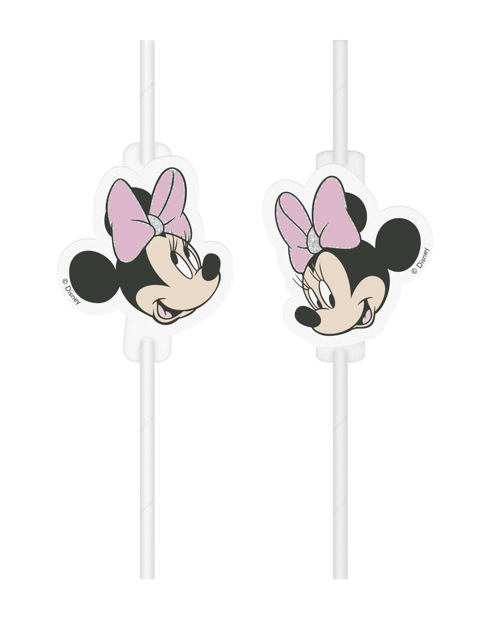 Pailles médaillon en carton visage Minnie pour enfant rose et blanc