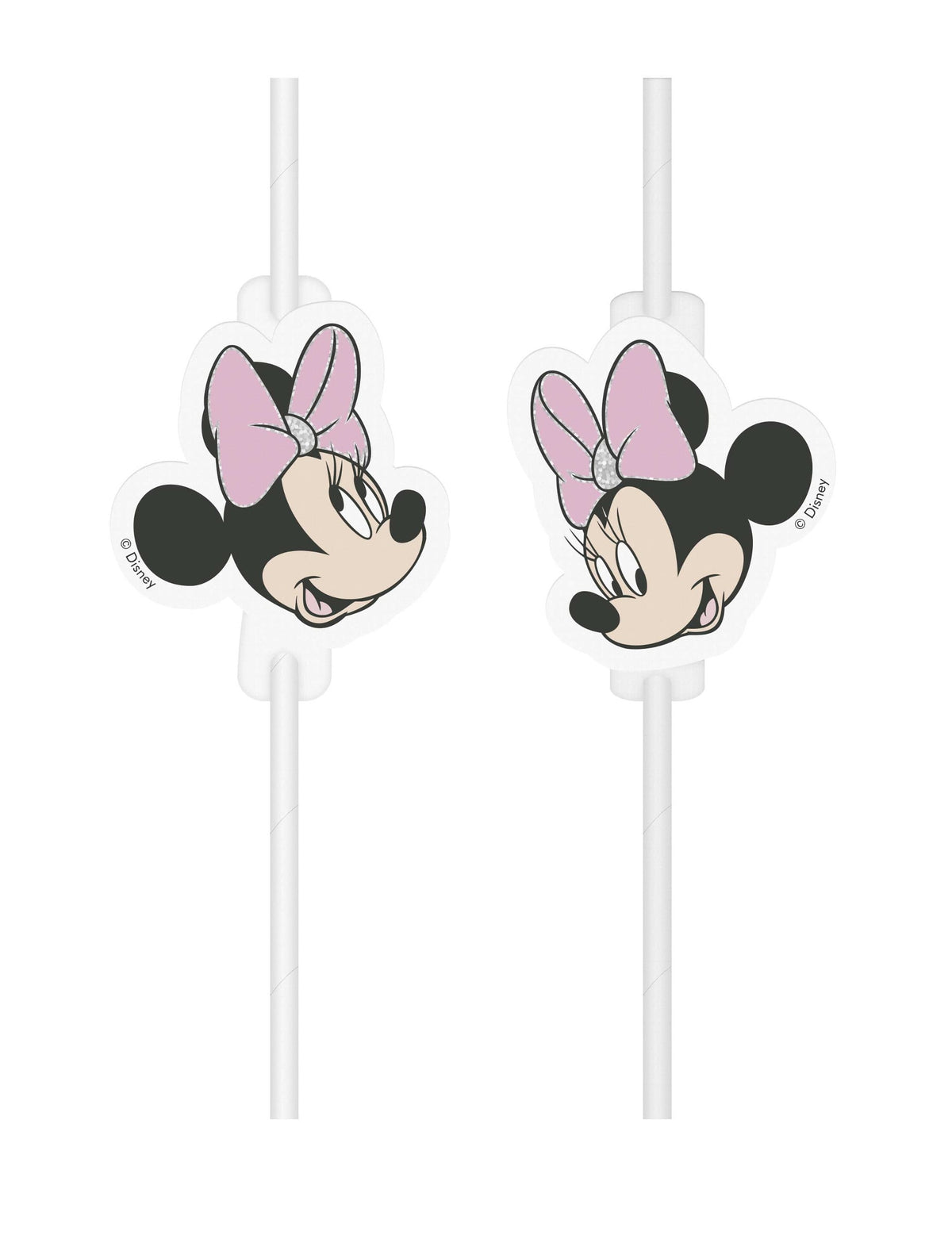 Pailles médaillon en carton visage Minnie pour enfant rose et blanc