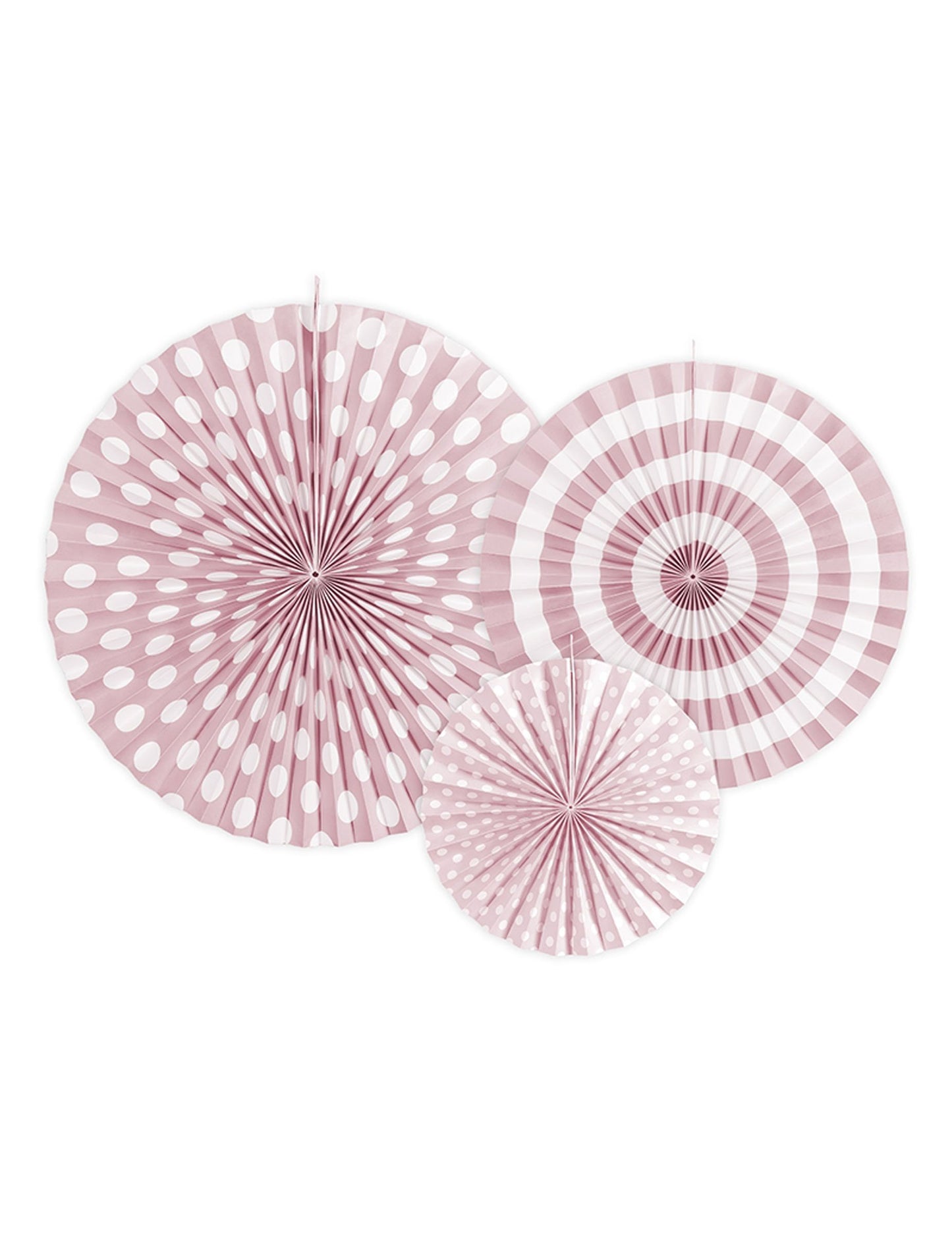 4 svetloružové papierové rozety 23, 32 a 40 cm s bodkami a prúžkami 