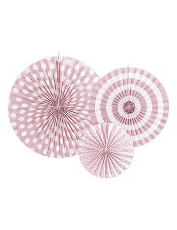 4 svetloružové papierové rozety 23, 32 a 40 cm s bodkami a prúžkami 