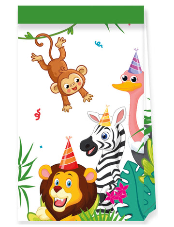 Sachets en papier animaux safari pour enfant multicolores avec lion zèbre et singe