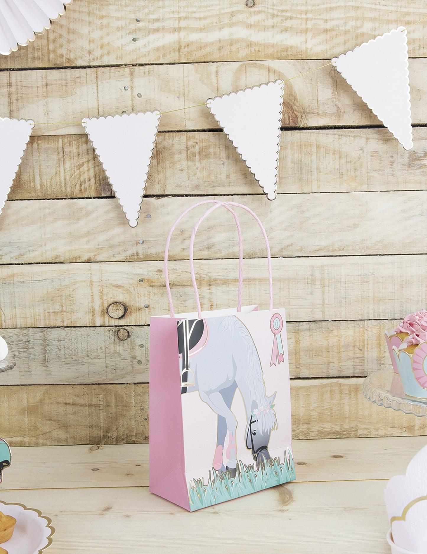 4 papierové darčekové tašky s motívom koňa 20 cm s rukoväťami