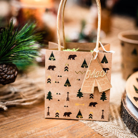 Sacs cadeaux indian forest thème tipi kraft vert marron et dorure