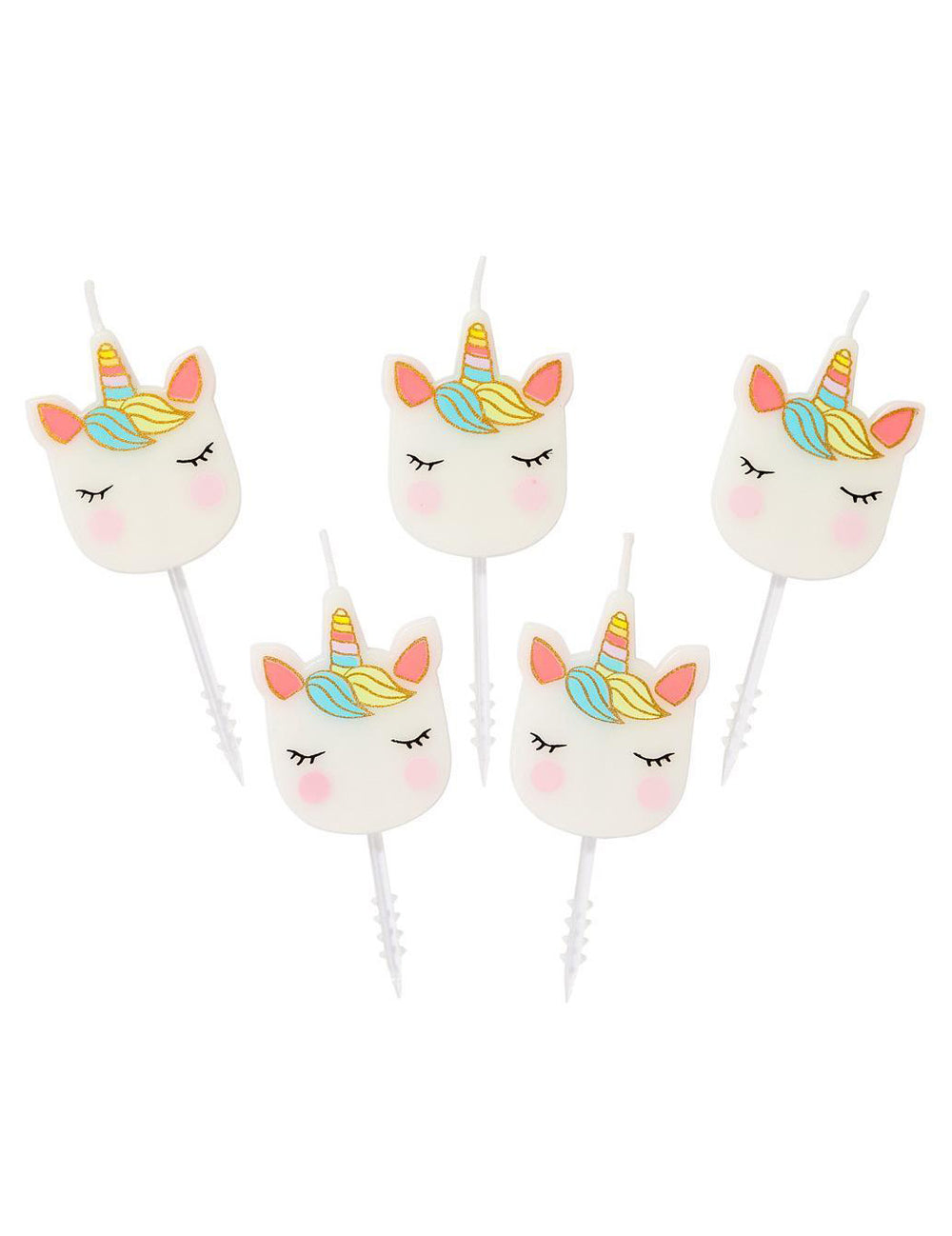 5 bougies d'anniversaire tête de licorne pour enfant blanches aux détails pastel