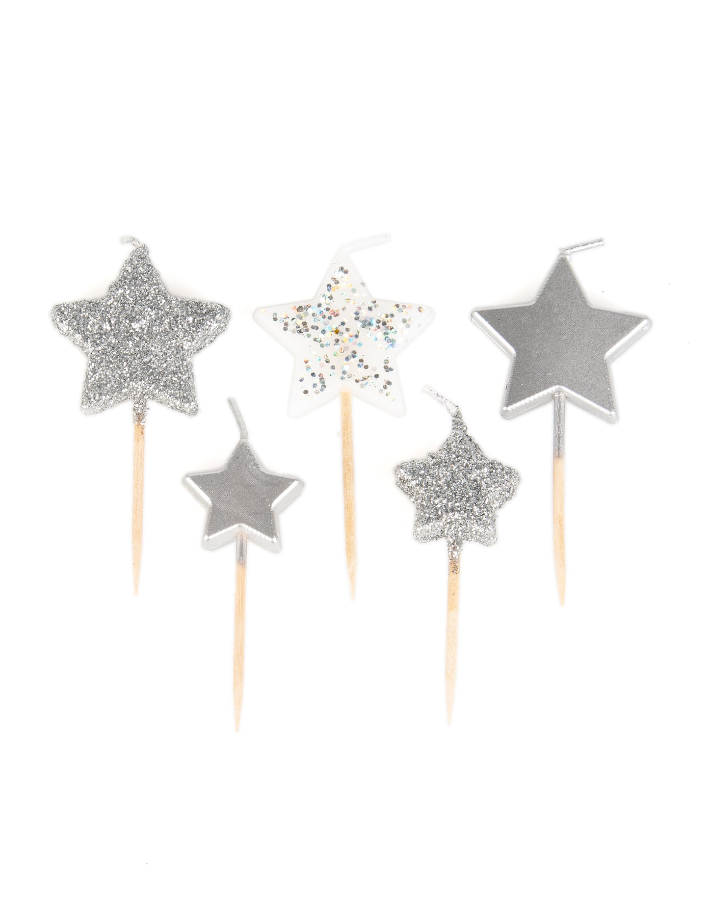 5 hviezdicových sviečok na strieborných gradientných tyčinkách 7 cm trblietavý