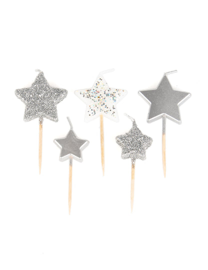 5 hviezdicových sviečok na strieborných gradientných tyčinkách 7 cm trblietavý