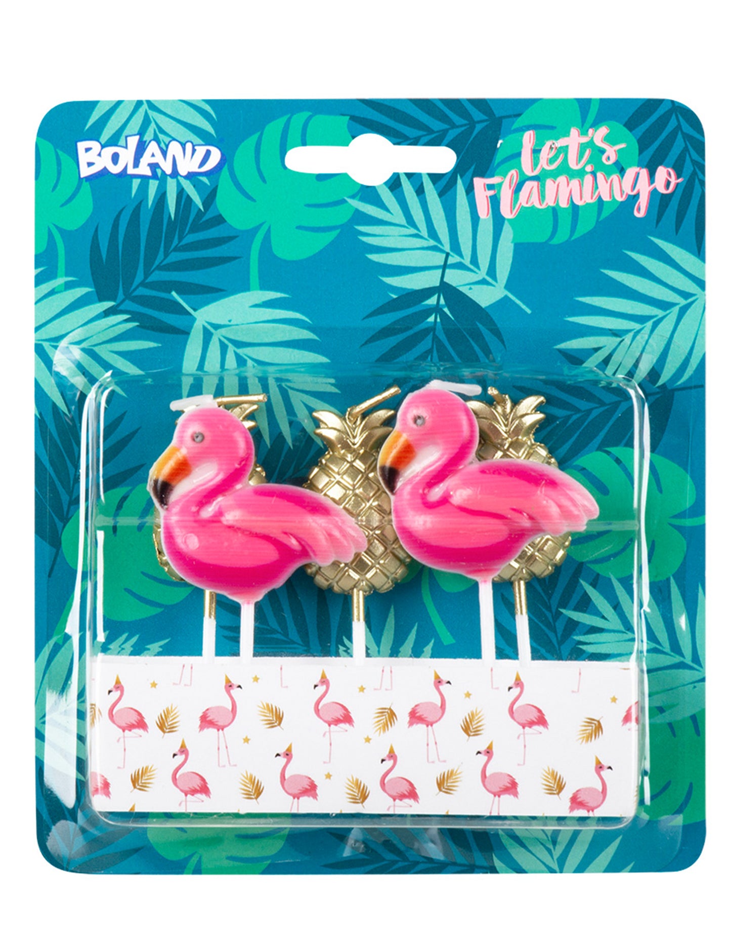 5 sviečok na ružovom plameniakoch a zlatých ananásových tyčinkách 8 cm na tortu