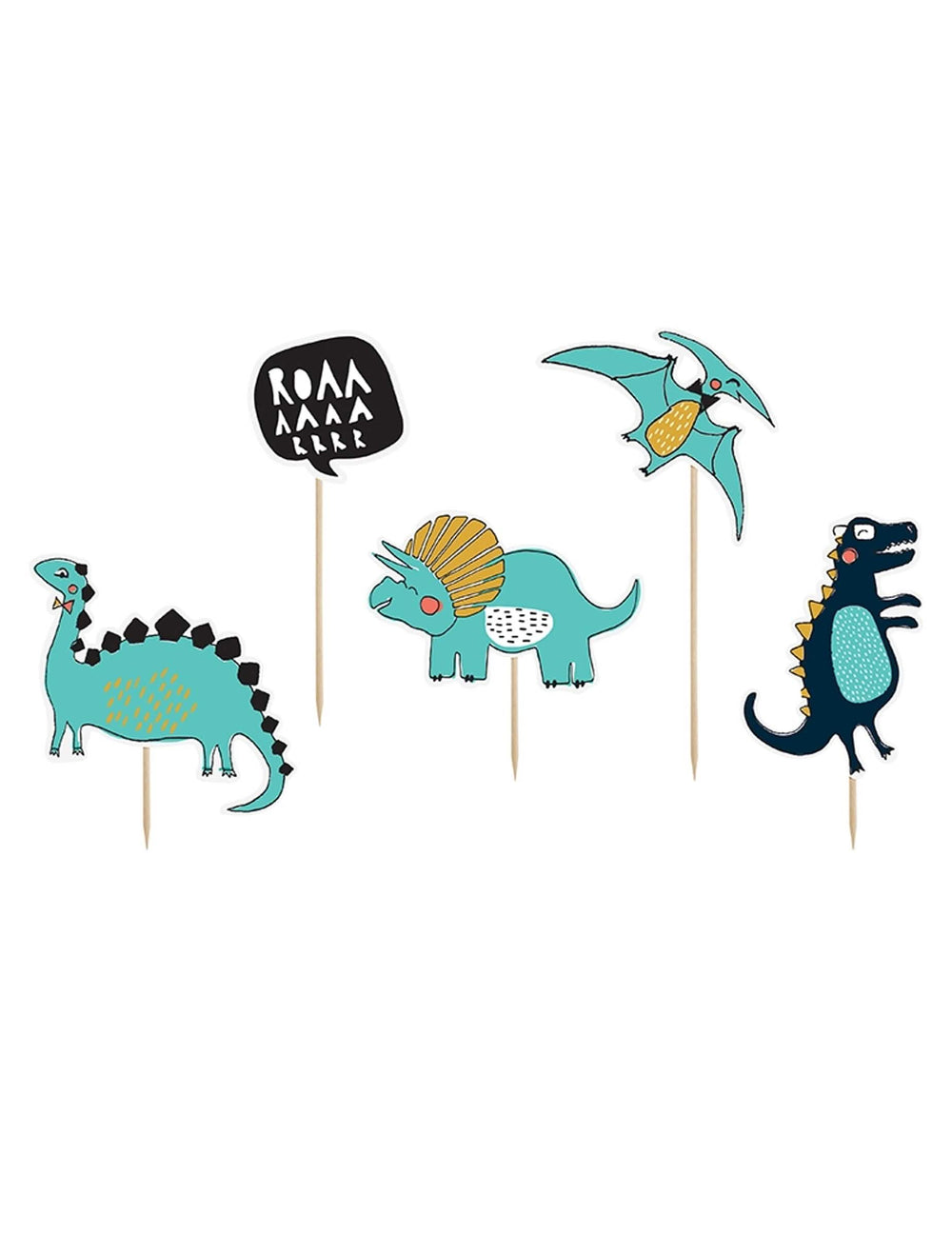 Kartónové toppers s dinosaurom pre dieťa, modré a žlté, s bublinou výkriku