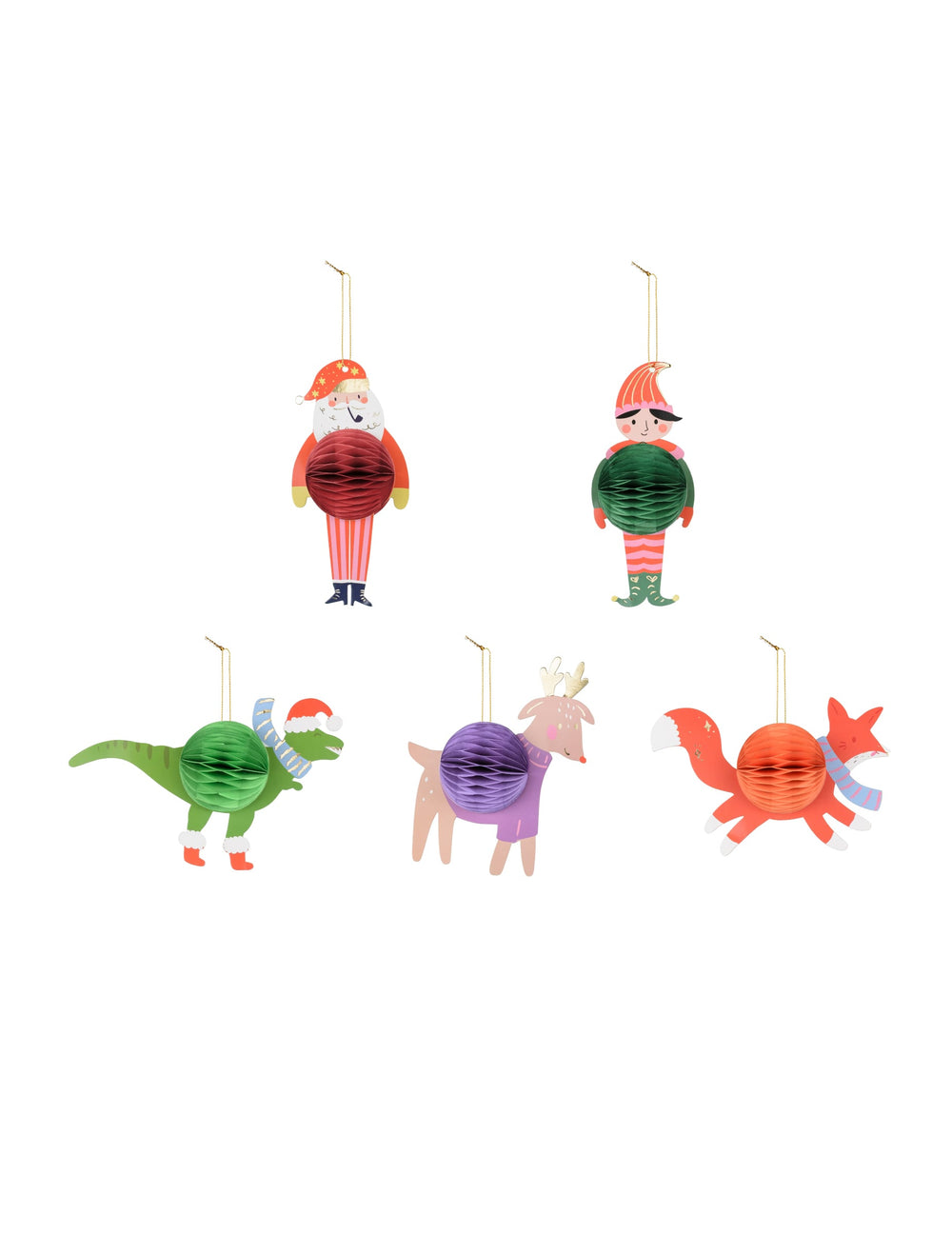 Décorations de sapin personnages de Noël pour la maison en papier alvéolé multicolore