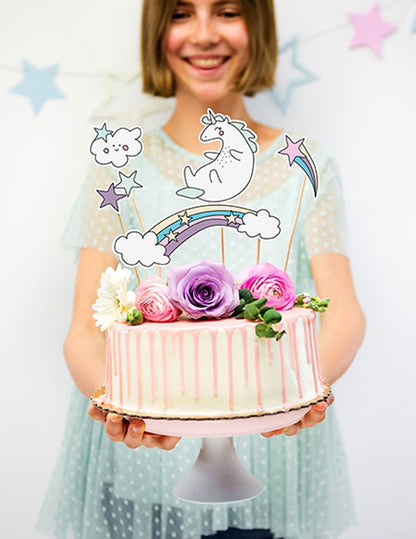 5 ozdôb na tortu s jednorožcami a dúhou na paličkach 23,5 cm