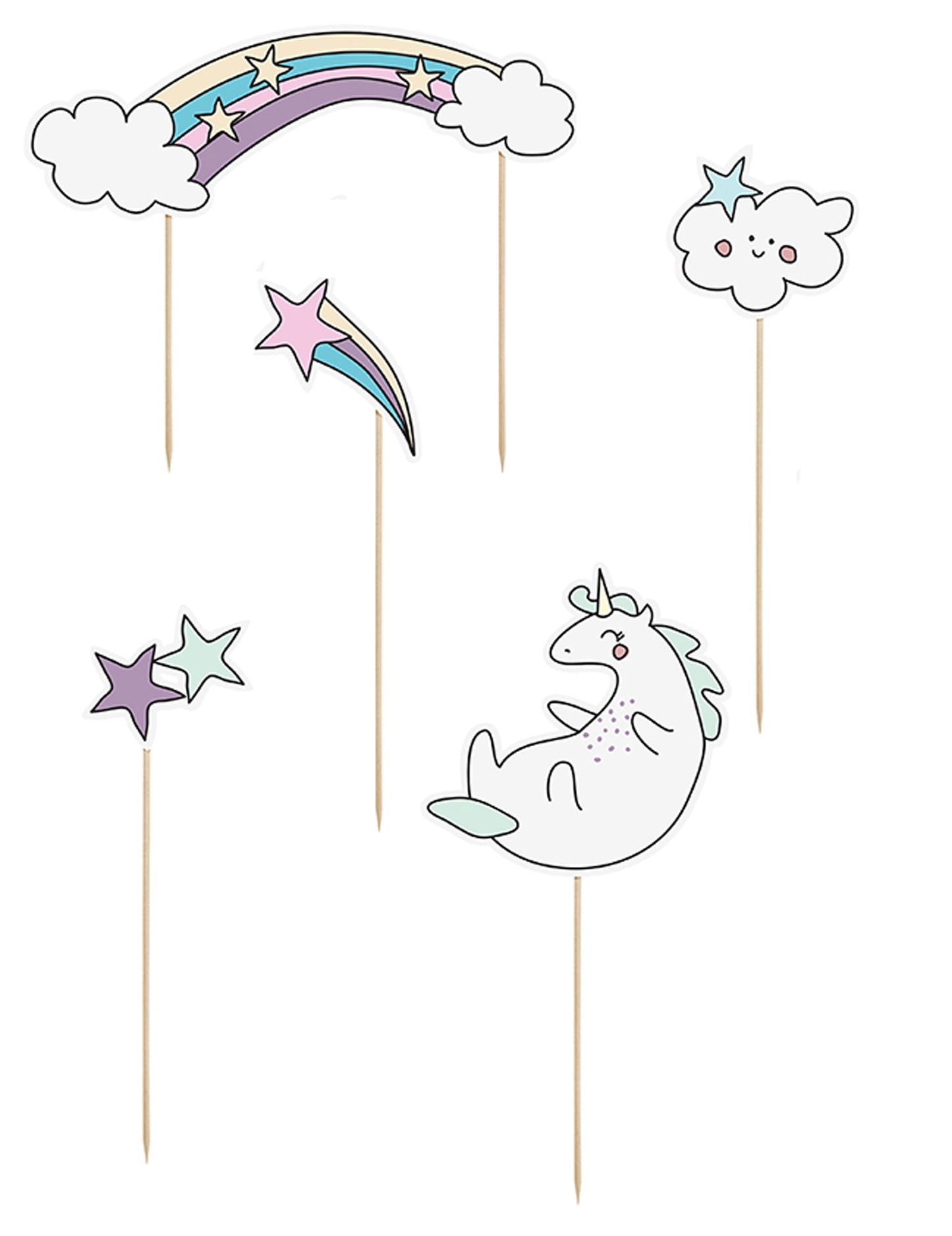 5 ozdôb na tortu s jednorožcami a dúhou na paličkach 23,5 cm