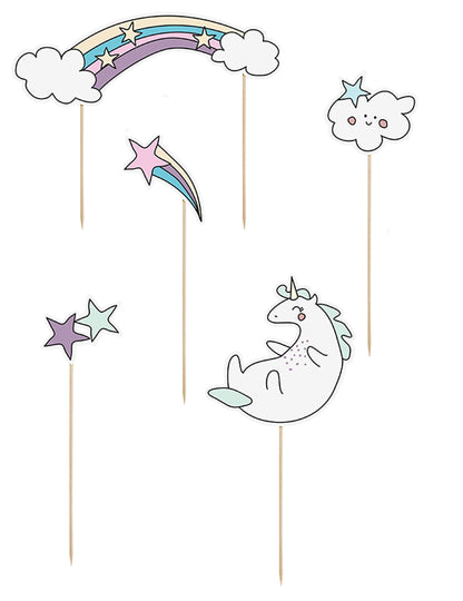 5 ozdôb na tortu s jednorožcami a dúhou na paličkach 23,5 cm