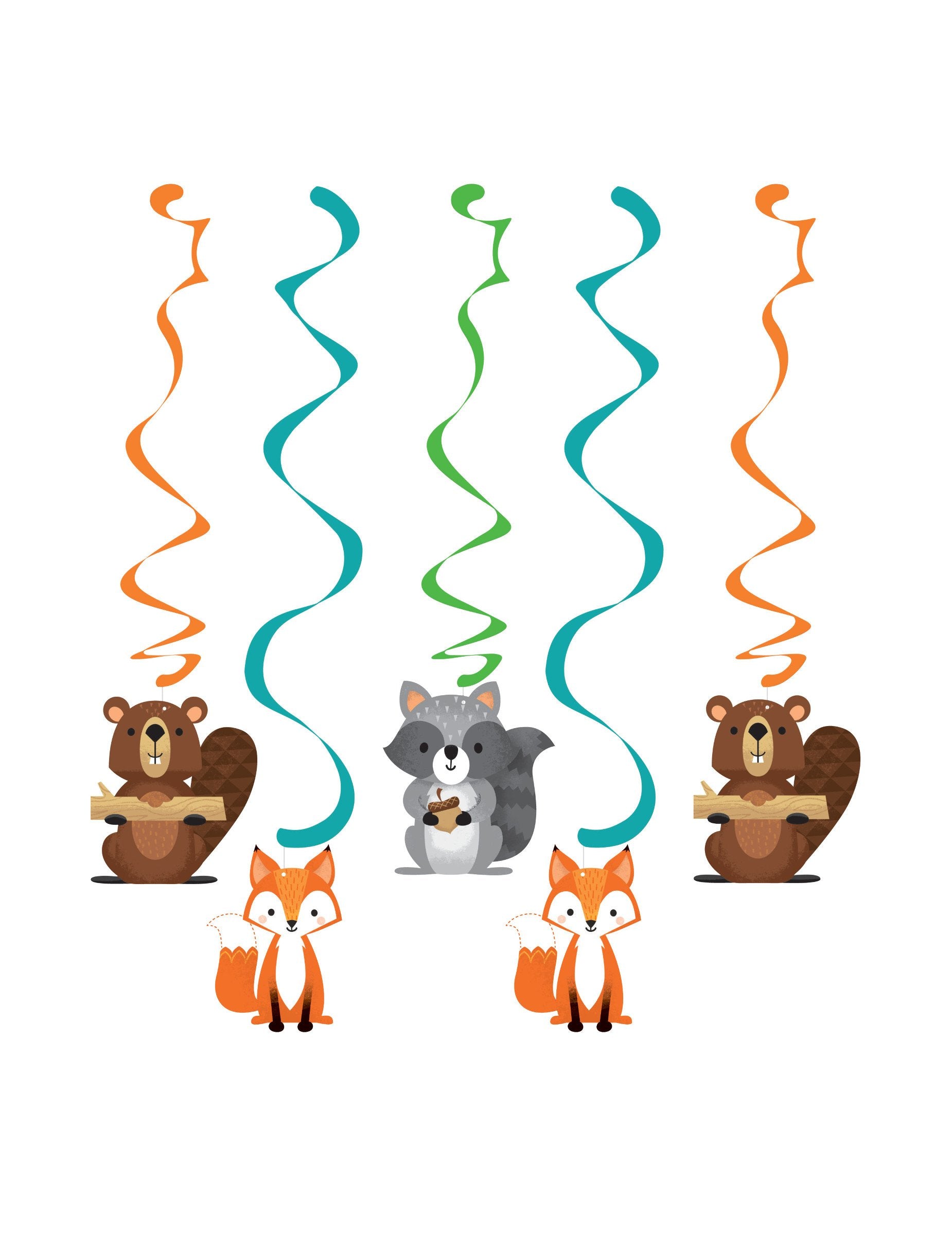5 suspensions en spirales animaux de la forêt pour anniversaire multicolores avec renard castor et raton laveur