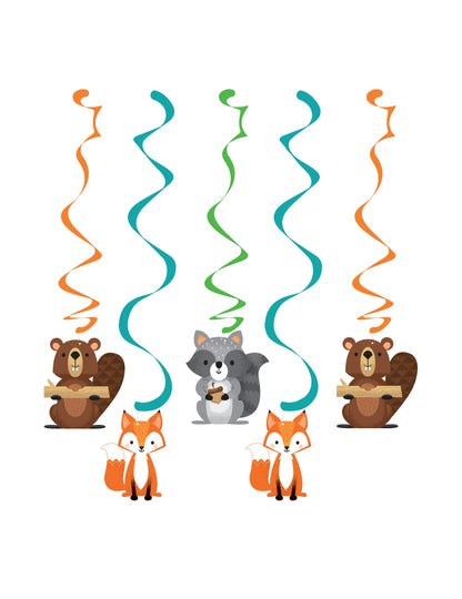 5 suspensions en spirales animaux de la forêt pour anniversaire multicolores avec renard castor et raton laveur