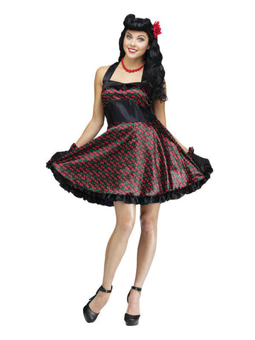 Robe années 50 pour femme noire et rouge à motifs cerises