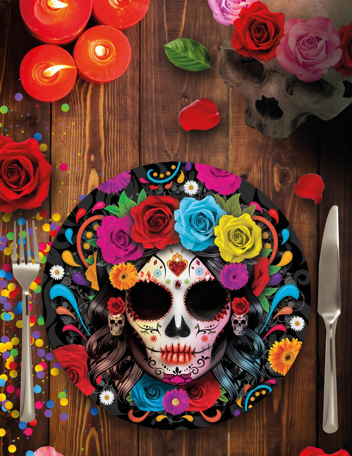 Mise en situation sur table des assiettes Catrina Dia de los muertos